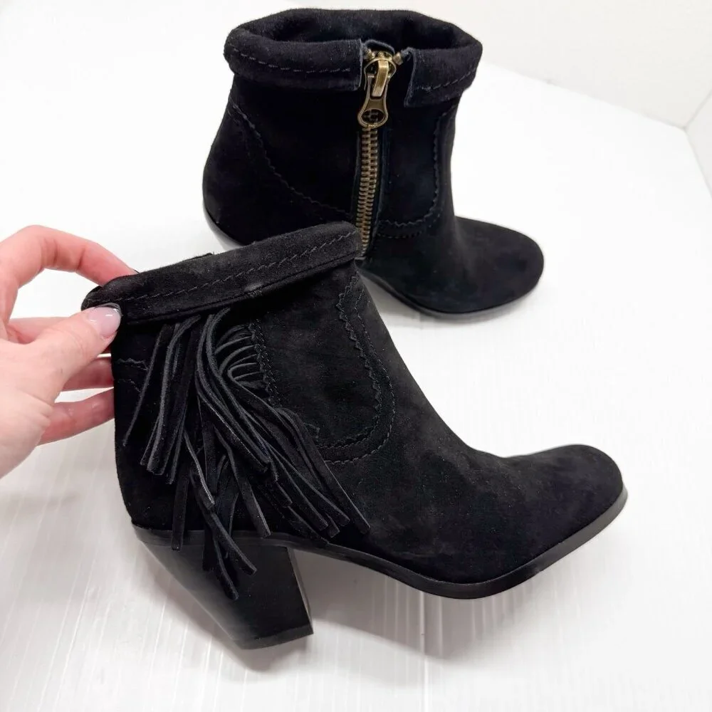 Sam Edelman Louie Black Suede Fringe Ankle Booties Block Heel Womens 6M